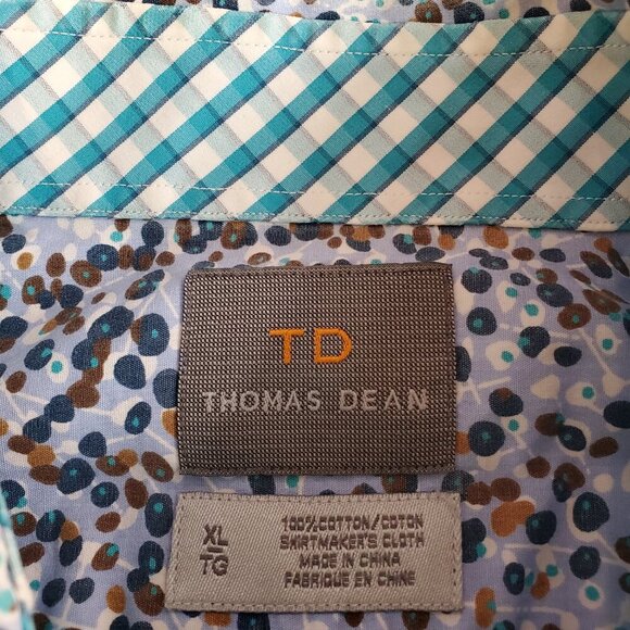 THOMAS DEAN SZ XL Men's Button-down Blue Dot Pattern 100%Cotton Shirt w/Contrast - Picture 3 of 12